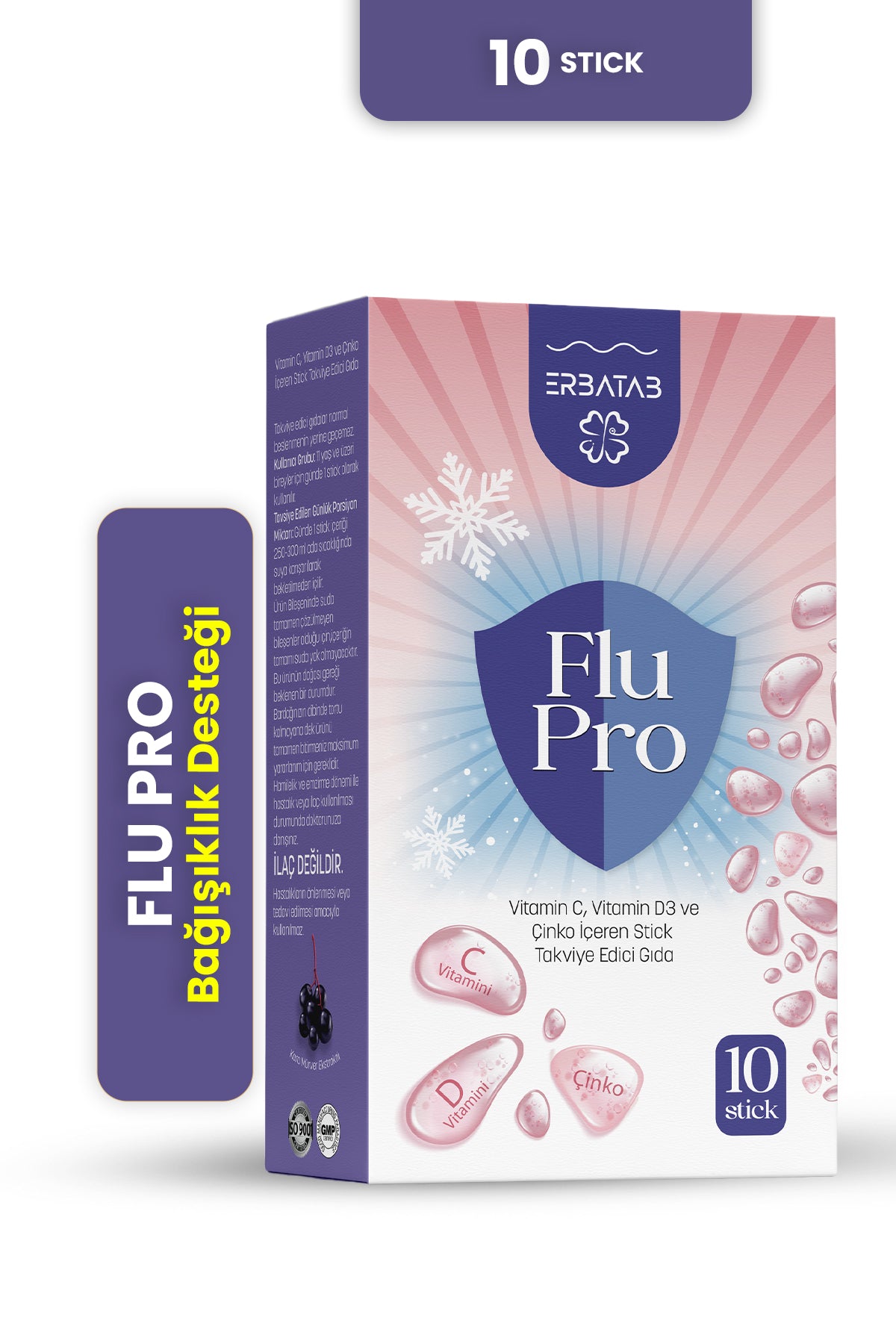 Erbatab Flu-Pro Vitamin C Vitamin D3  Çinko ve Kar amürver Ekstresi 10 Stick