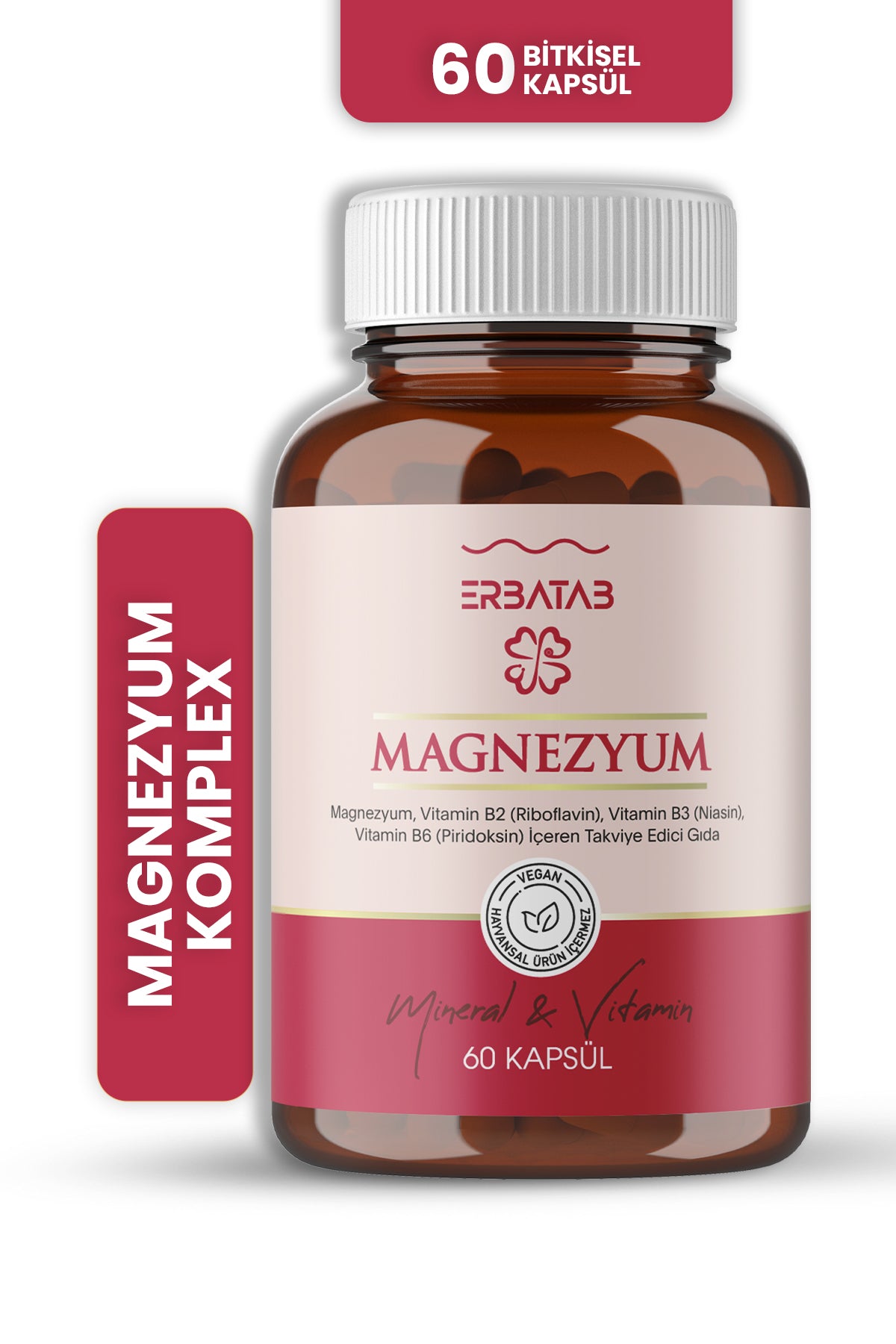 Erbatab Magnezyum 3 lü Form (Bisglisinat, Sitrat,  Malat) & Vitamin B2 , B3 , B6 - 60 Kapsül