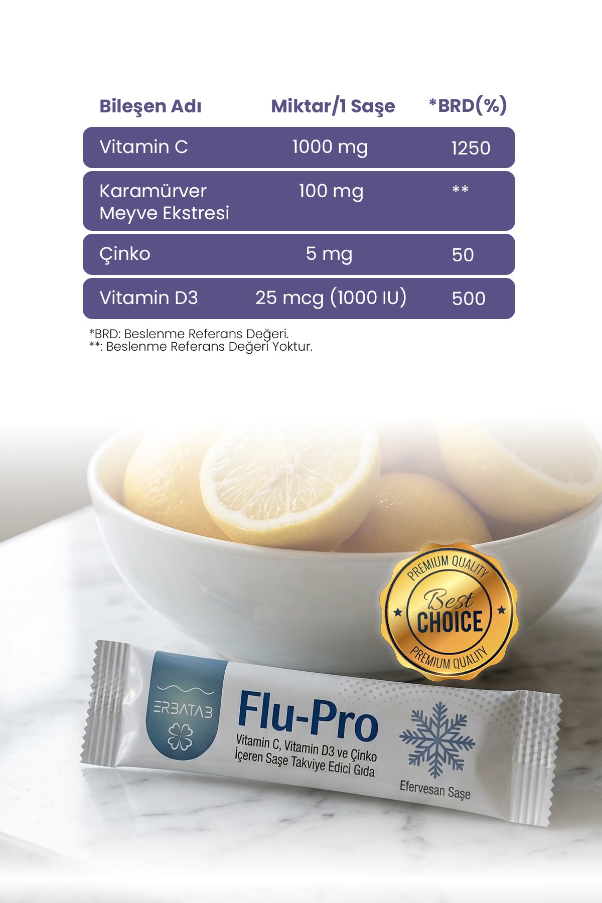 Erbatab Flu-Pro Vitamin C Vitamin D3  Çinko ve Kar amürver Ekstresi 10 Stick