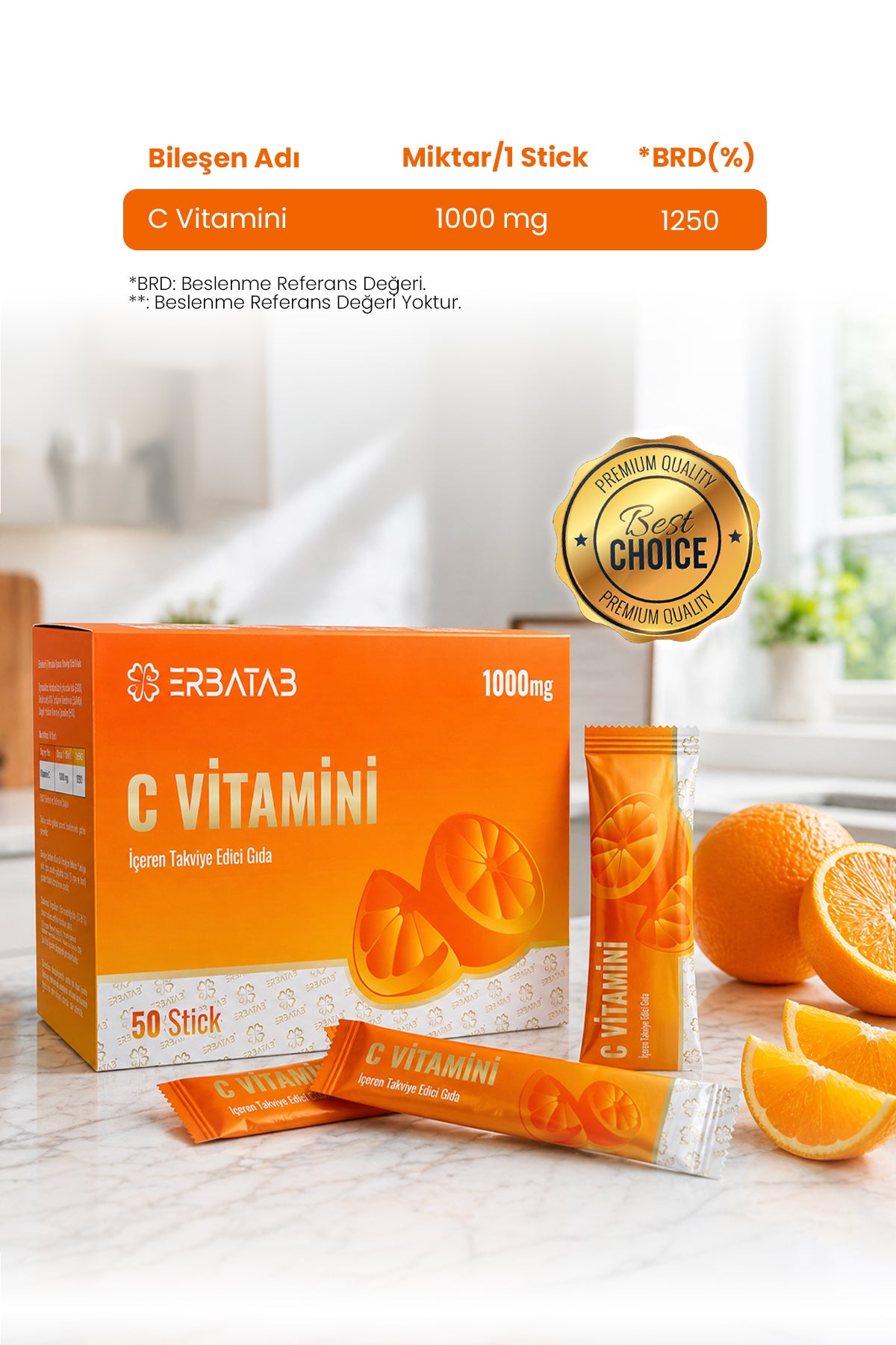 Erbatab C Vitamini 1000 Mg 50 Stick Saşe Askorbik Asit İçeren Takviye Edici Gıda