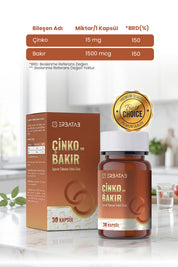 Erbatab Çinko ve Bakır 30 Kapsül 15 Mg Çinko Pikolinat ve 1000 Mcg Bakır İçeren Takviye Edici Gıda