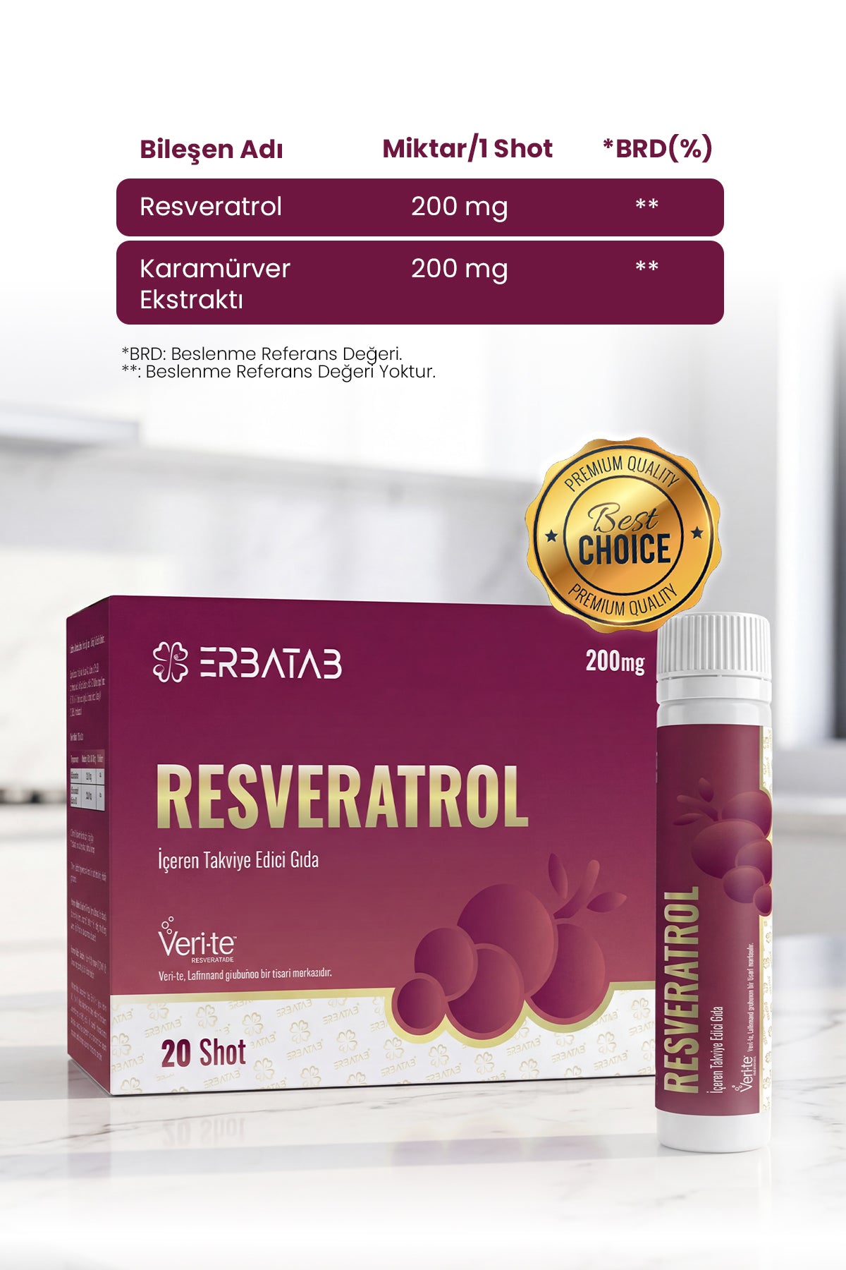 Erbatab Resveratrol Shot 200 Mg 20 Shot Ahududu Aromalı Takviye Edici Gıda