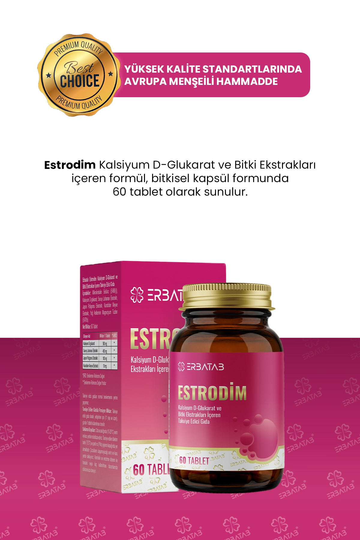 Erbatab Estrodim | 100 mg DIM | Kalsiyum D-Glukarat | Savoy Lahanası | Japon Poligonu | 60 Tablet