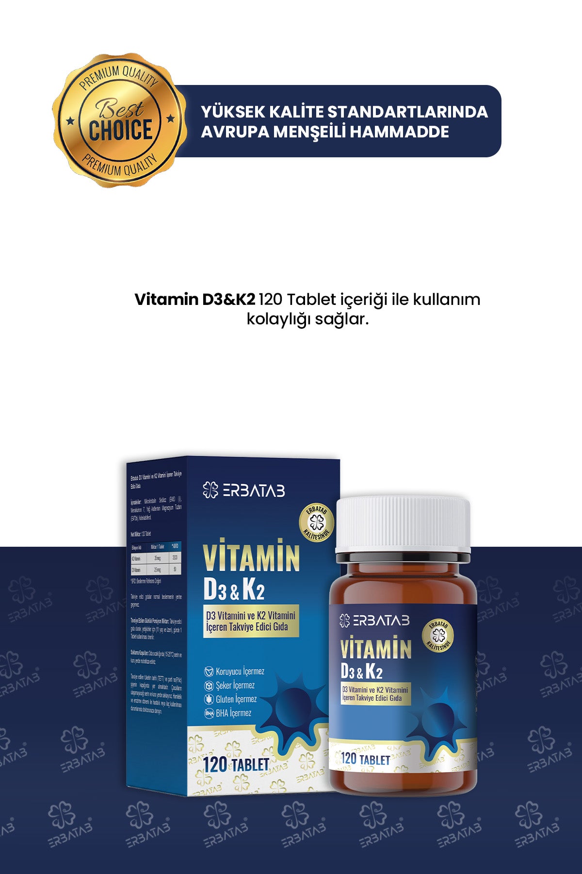 Erbatab D3K2 120 Tablet 1000 IU D3 ve 25 Mcg K2 İçeren Takviye Edici Gıda