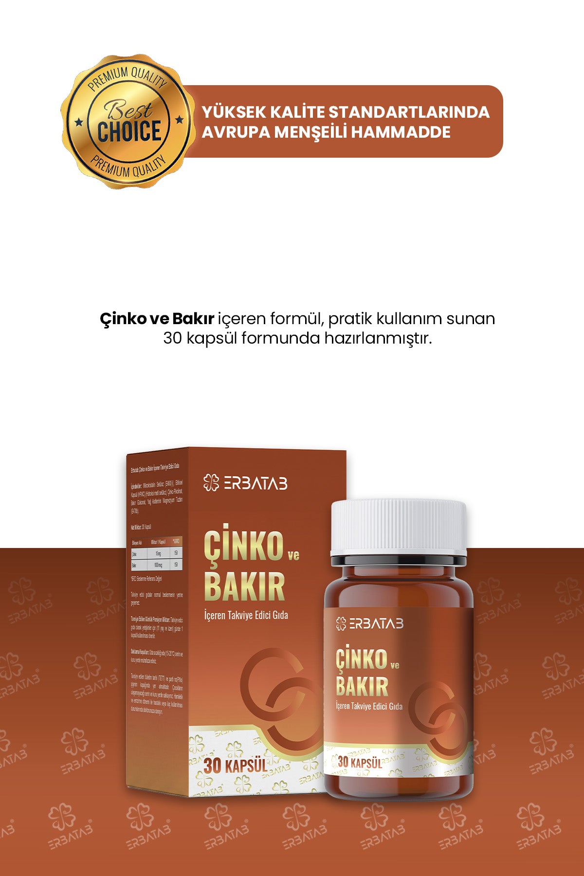 Erbatab Çinko ve Bakır 30 Kapsül 15 Mg Çinko Pikolinat ve 1000 Mcg Bakır İçeren Takviye Edici Gıda