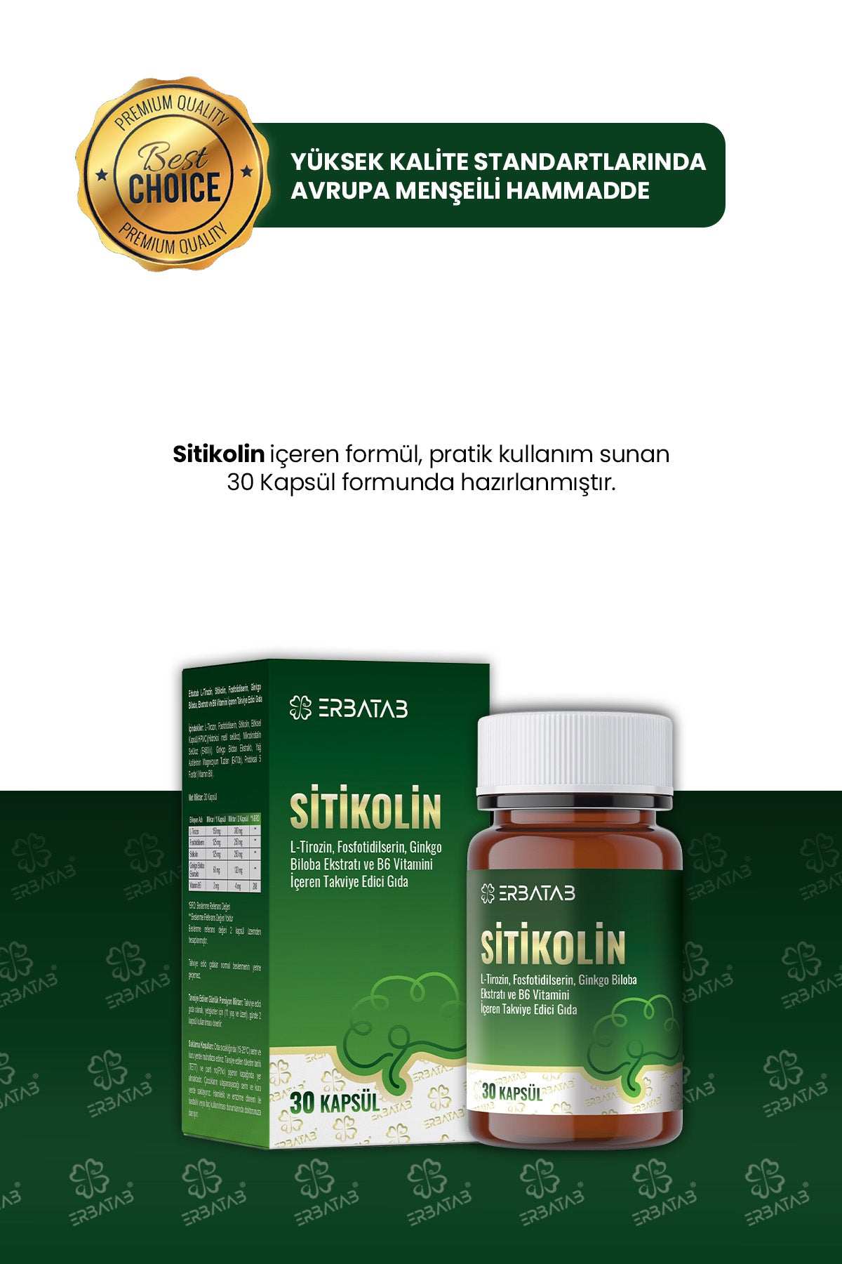 ERBATAB Sitikolin – L-Tirozin, Fosfatidilserin, Ginkgo Biloba Ekstraktı ve B6 Vitamini İçeren Takviye Edici Gıda – 30 Vcaps®