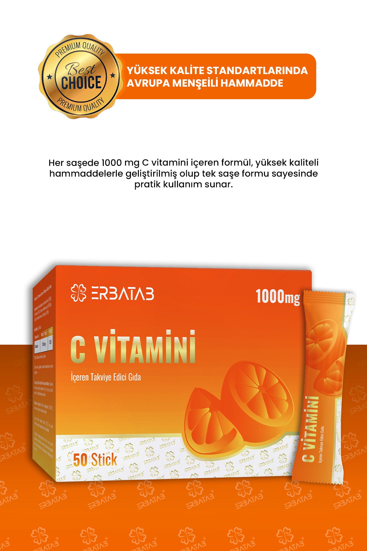 Erbatab C Vitamini 1000 Mg 50 Stick Saşe Askorbik Asit İçeren Takviye Edici Gıda