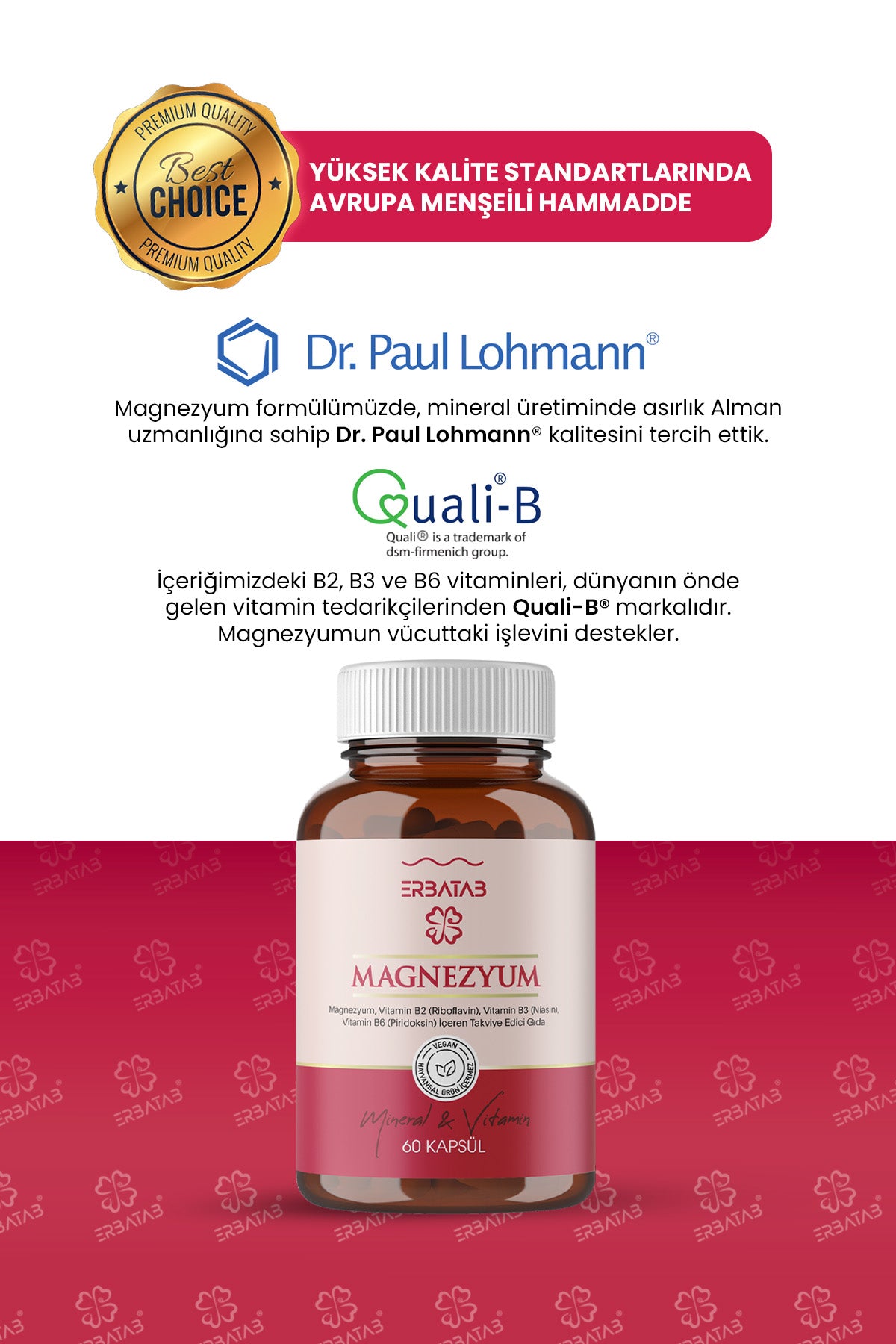 Erbatab Magnezyum 3 lü Form (Bisglisinat, Sitrat,  Malat) & Vitamin B2 , B3 , B6 - 60 Kapsül