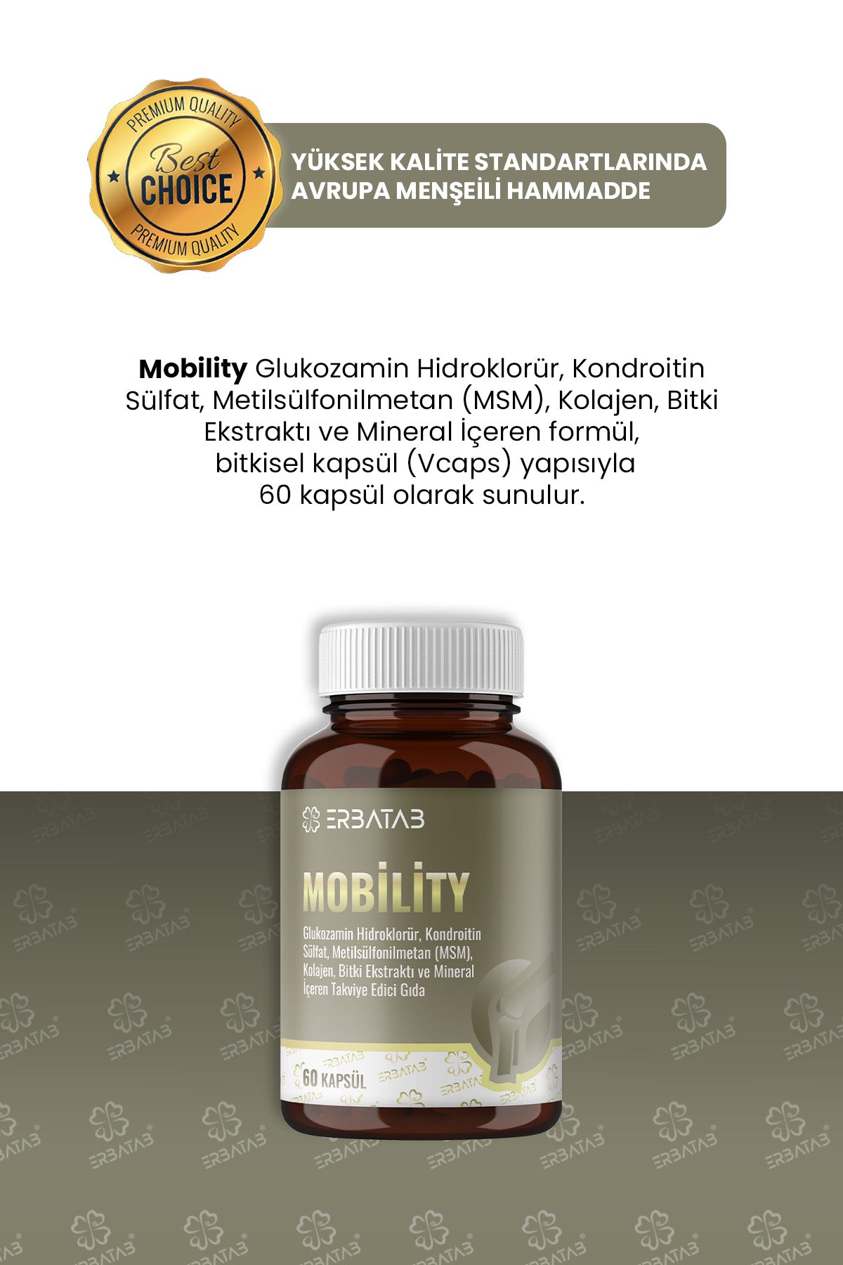 Erbatab Mobility 60 Bitkisel Kapsül Glukozamin Kondroitin MSM ve Kolajen İçeren Takviye Edici Gıda