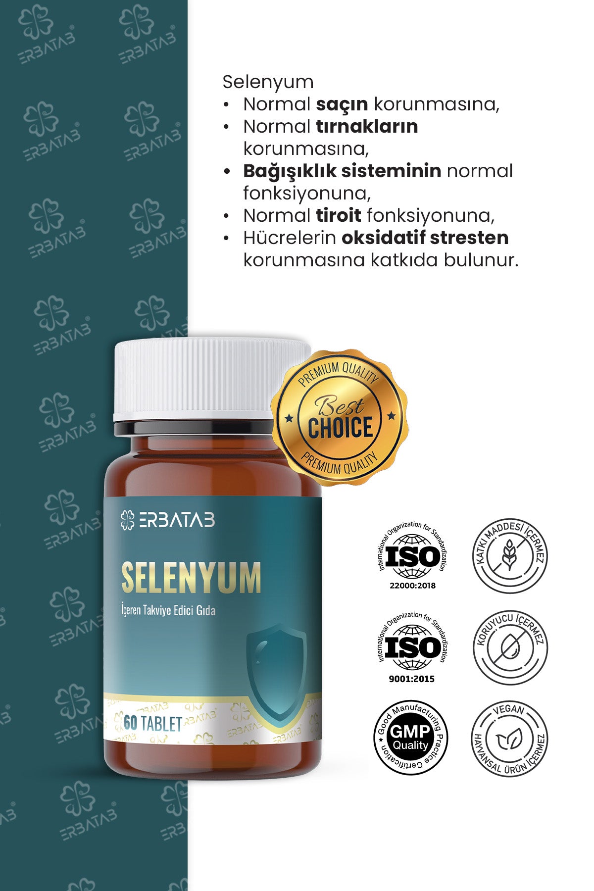 Erbatab Selenyum 200 Mcg 60 Tablet L-Selenometionin İçeren Takviye Edici Gıda