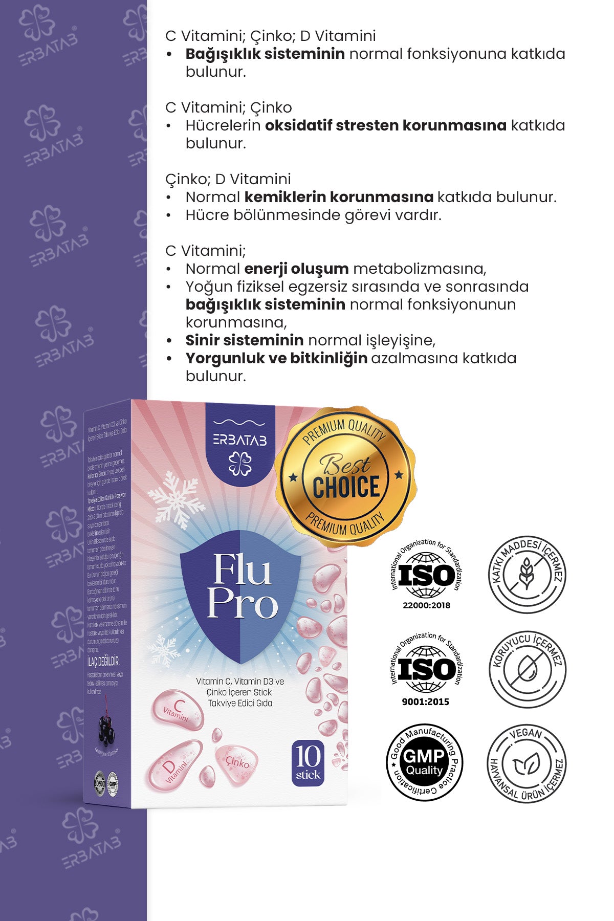 Erbatab Flu-Pro Vitamin C Vitamin D3  Çinko ve Kar amürver Ekstresi 10 Stick