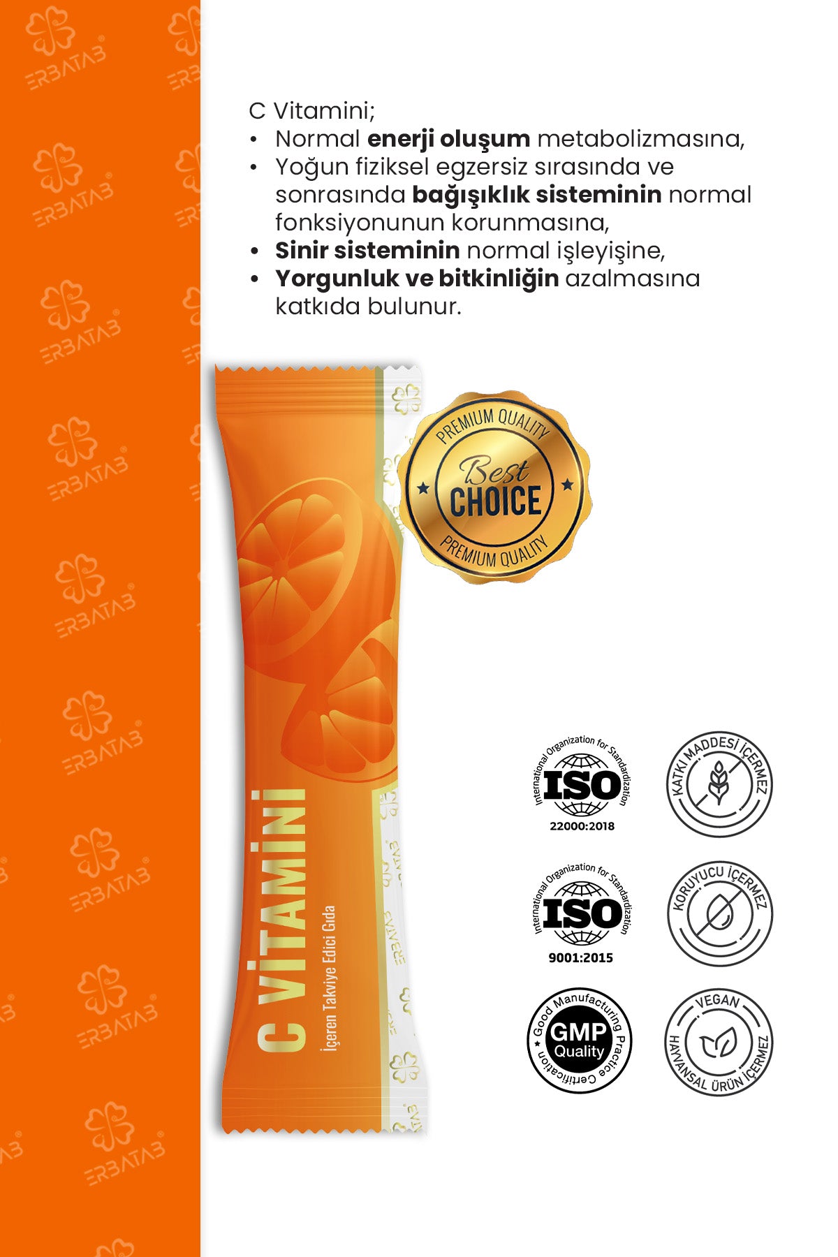 Erbatab C Vitamini 1000 Mg 50 Stick Saşe Askorbik Asit İçeren Takviye Edici Gıda