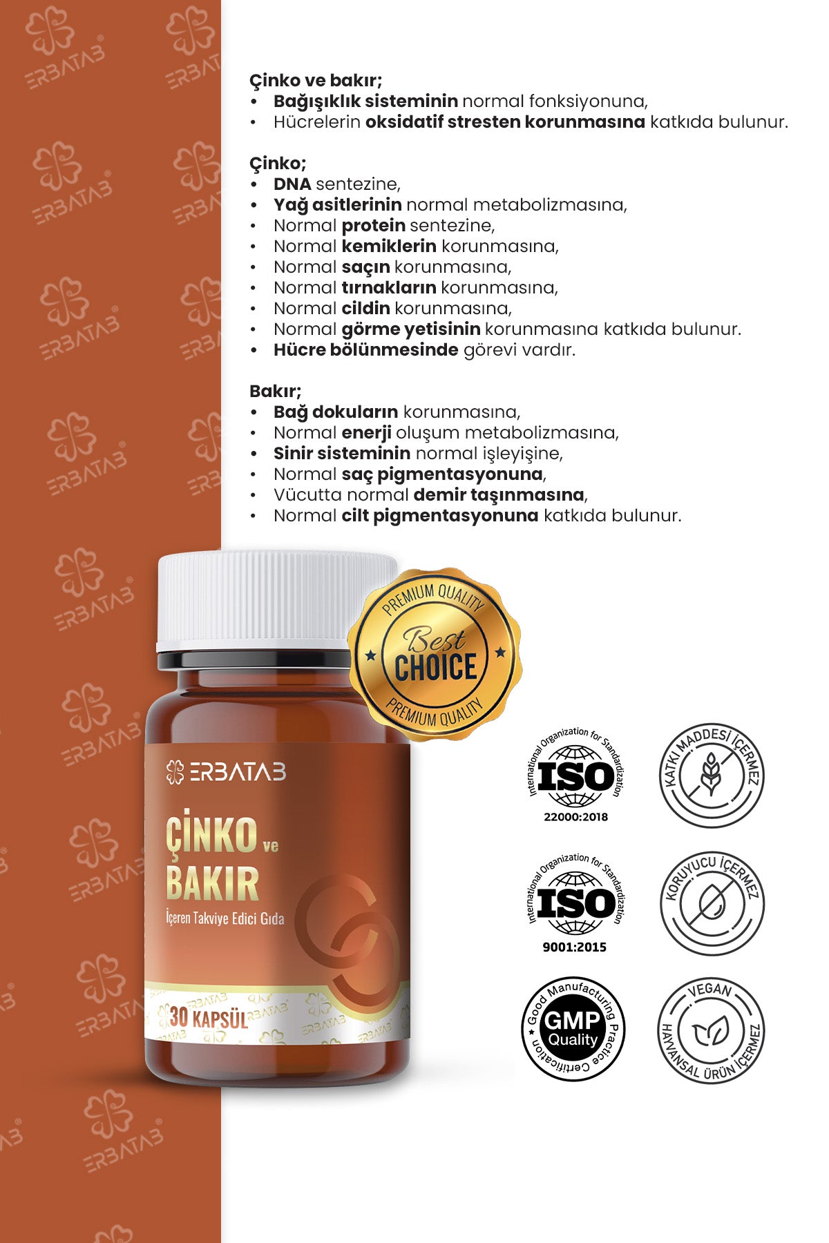 Erbatab Çinko ve Bakır 30 Kapsül 15 Mg Çinko Pikolinat ve 1000 Mcg Bakır İçeren Takviye Edici Gıda