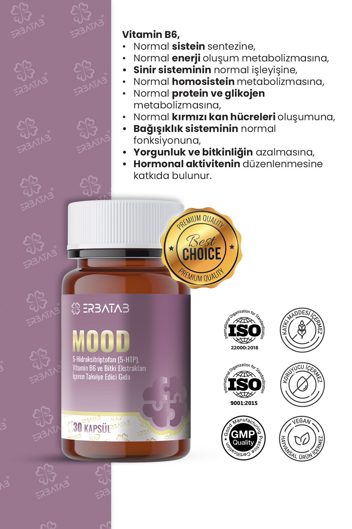 Erbatab Mood 5-HTP 30 Kapsül Passiflora, Valerian ve Melisa Ekstraktları İçeren Takviye Edici Gıda