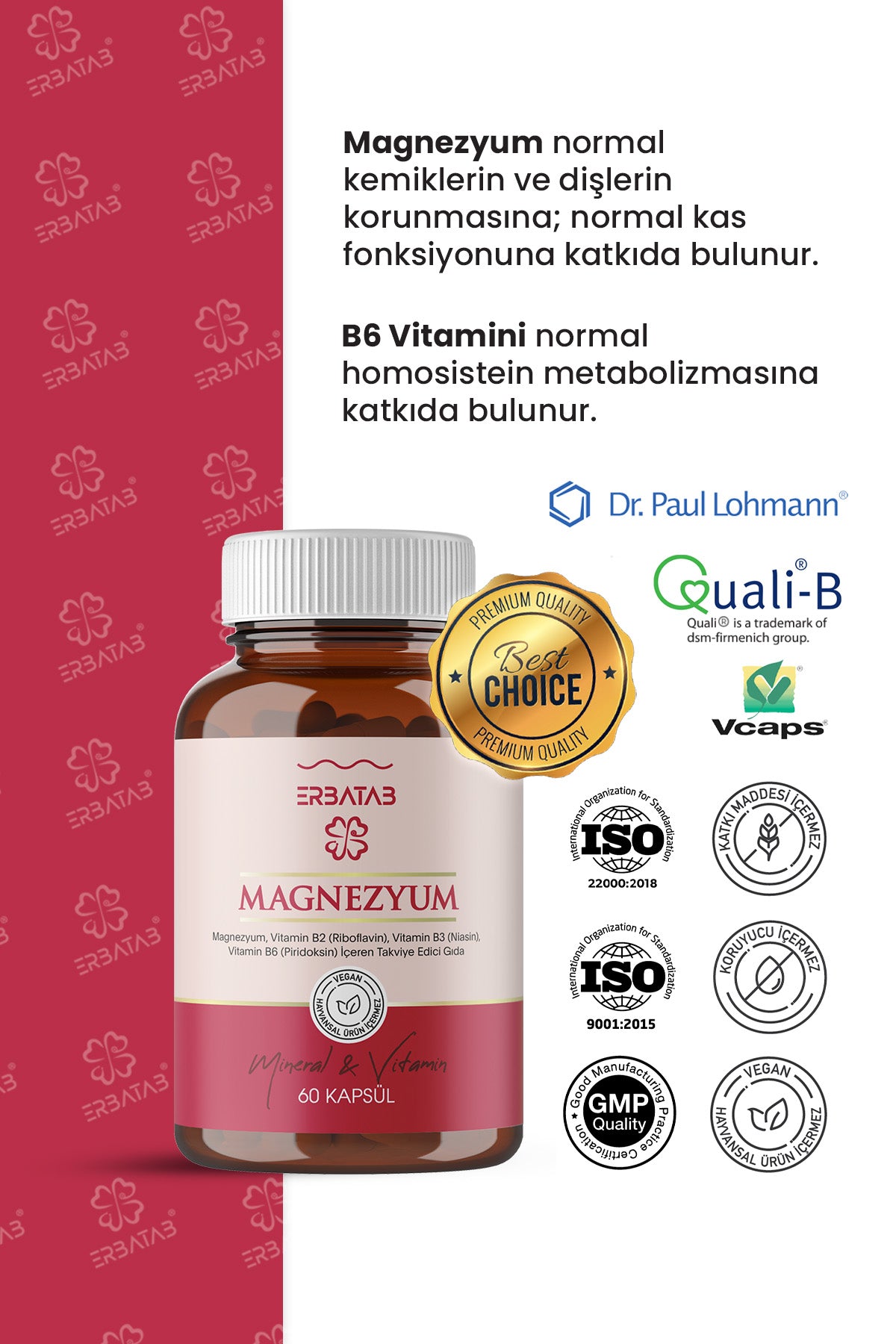 Erbatab Magnezyum 3 lü Form (Bisglisinat, Sitrat,  Malat) & Vitamin B2 , B3 , B6 - 60 Kapsül