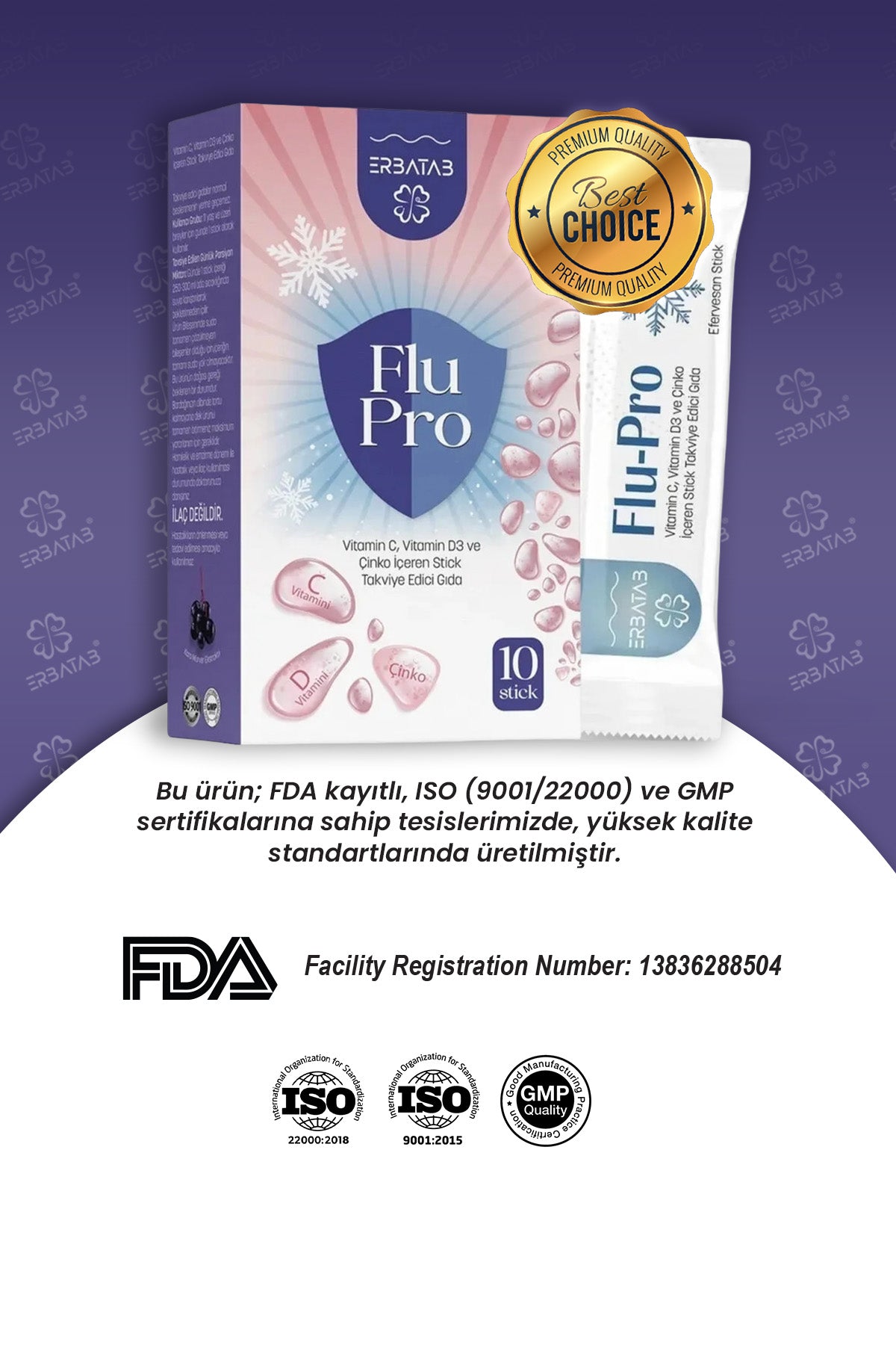 Erbatab Flu-Pro Vitamin C Vitamin D3  Çinko ve Kar amürver Ekstresi 10 Stick