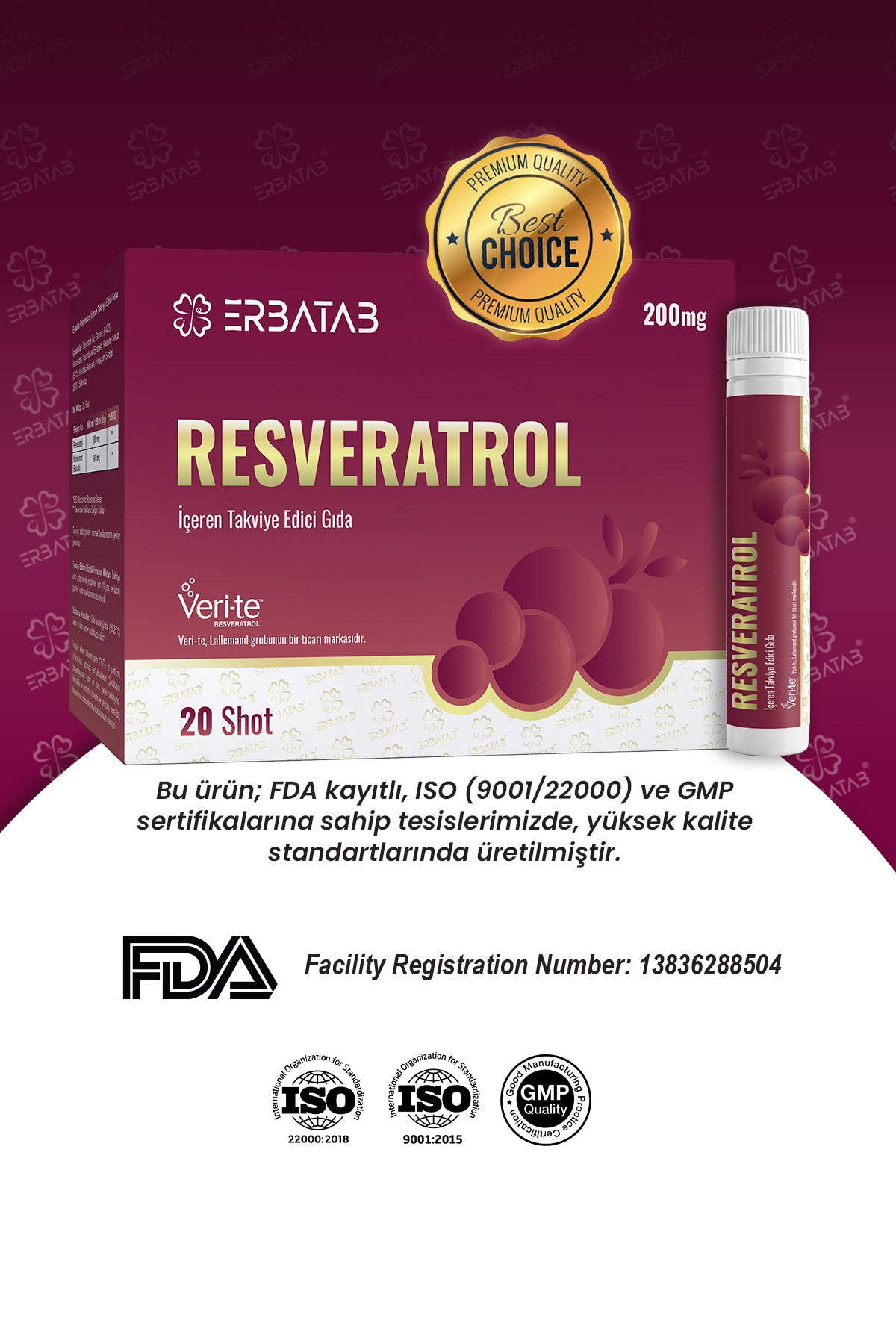 Erbatab Resveratrol Shot 200 Mg 20 Shot Ahududu Aromalı Takviye Edici Gıda