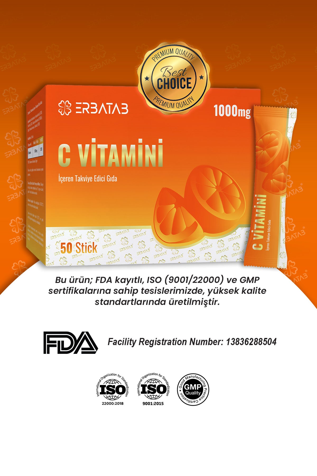 Erbatab C Vitamini 1000 Mg 50 Stick Saşe Askorbik Asit İçeren Takviye Edici Gıda