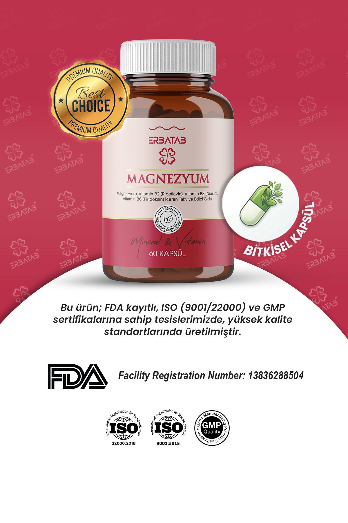 Erbatab Magnezyum 3 lü Form (Bisglisinat, Sitrat,  Malat) & Vitamin B2 , B3 , B6 - 60 Kapsül