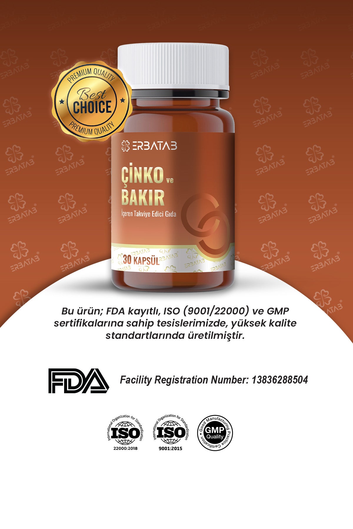 Erbatab Çinko ve Bakır 30 Kapsül 15 Mg Çinko Pikolinat ve 1000 Mcg Bakır İçeren Takviye Edici Gıda