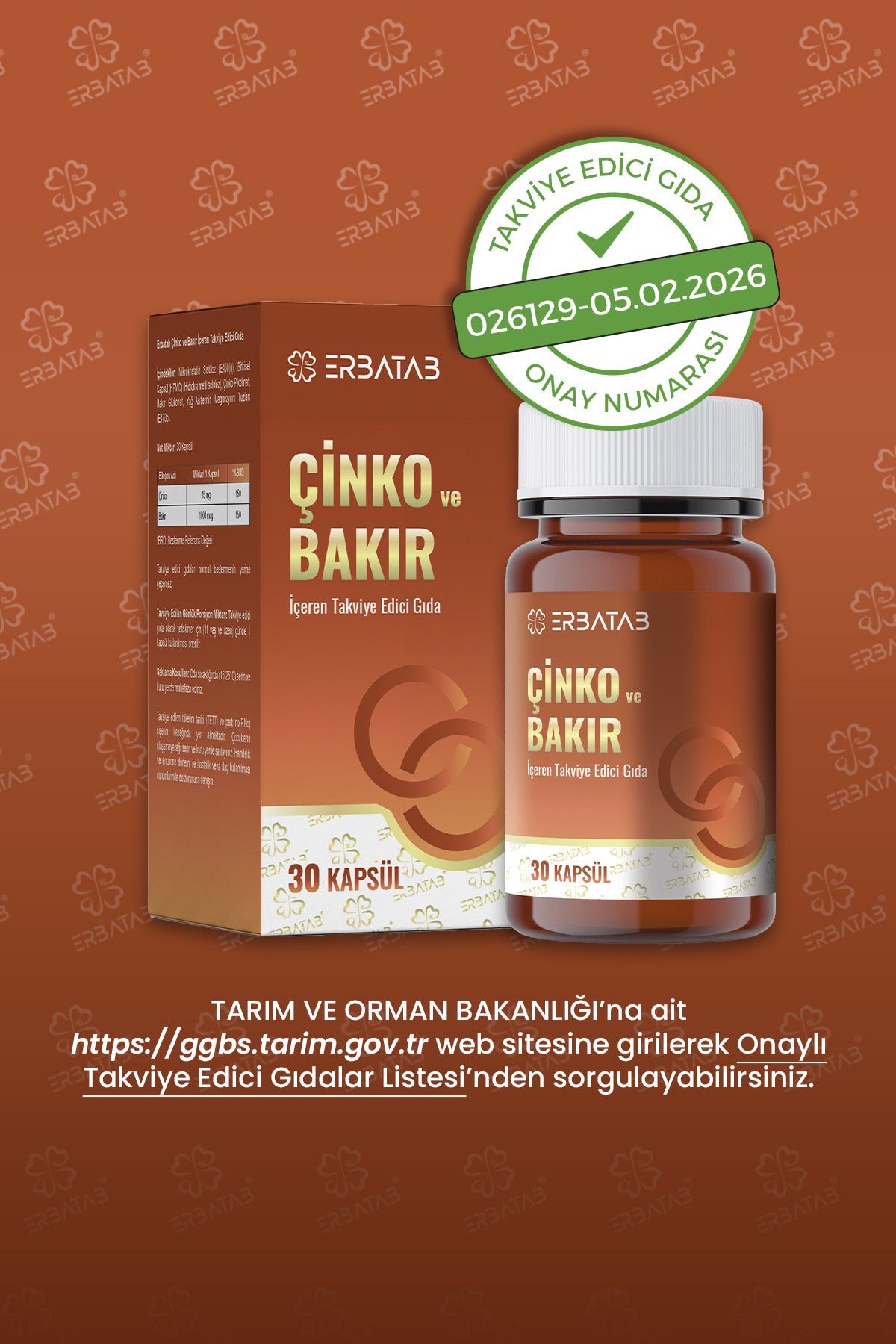 Erbatab Çinko ve Bakır 30 Kapsül 15 Mg Çinko Pikolinat ve 1000 Mcg Bakır İçeren Takviye Edici Gıda