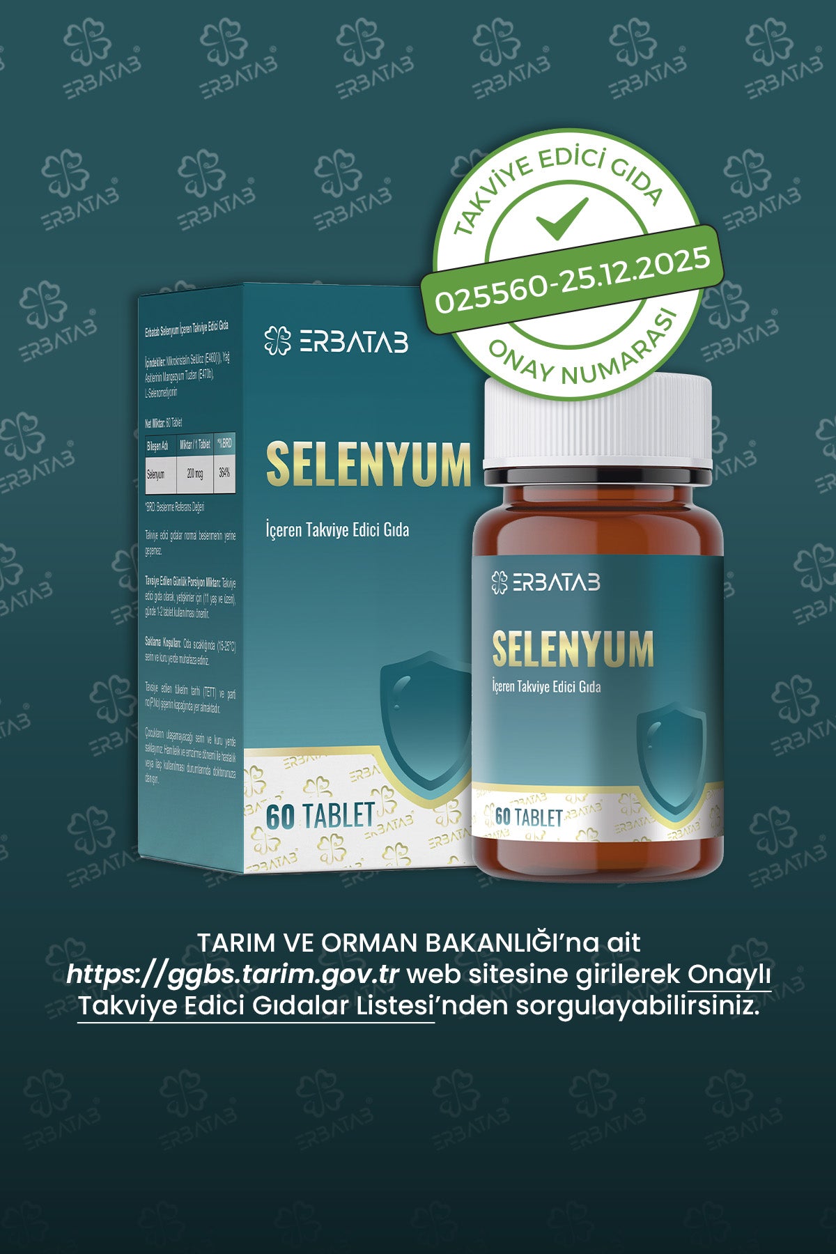 Erbatab Selenyum 200 Mcg 60 Tablet L-Selenometionin İçeren Takviye Edici Gıda