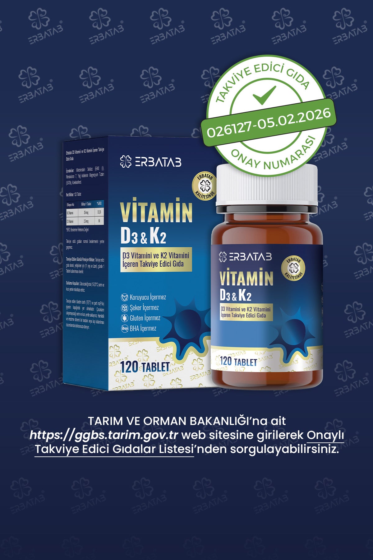 Erbatab D3K2 120 Tablet 1000 IU D3 ve 25 Mcg K2 İçeren Takviye Edici Gıda