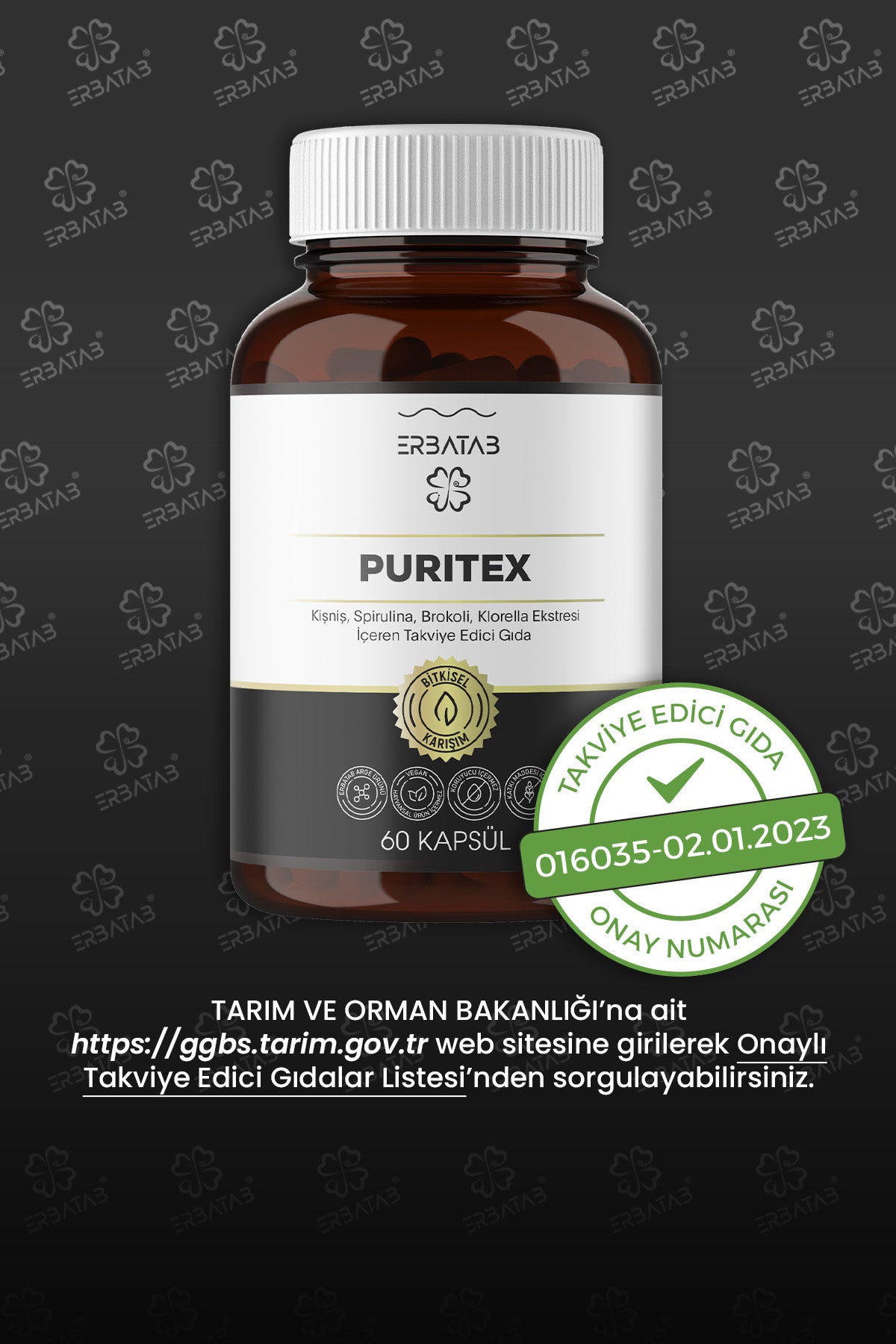 Erbatab Puritex (Kişniş - Spirulina - Brokoli - Kl orella) 60 Kapsül