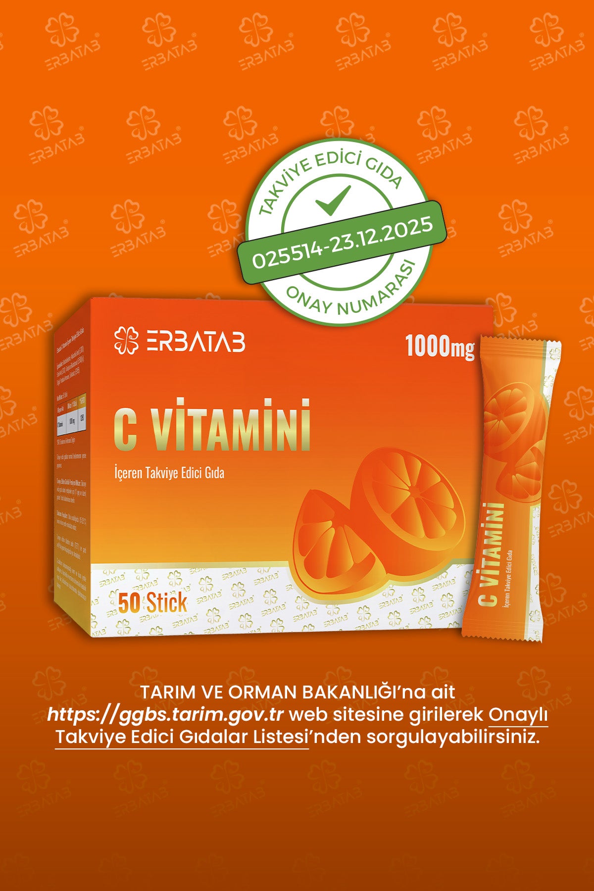 Erbatab C Vitamini 1000 Mg 50 Stick Saşe Askorbik Asit İçeren Takviye Edici Gıda