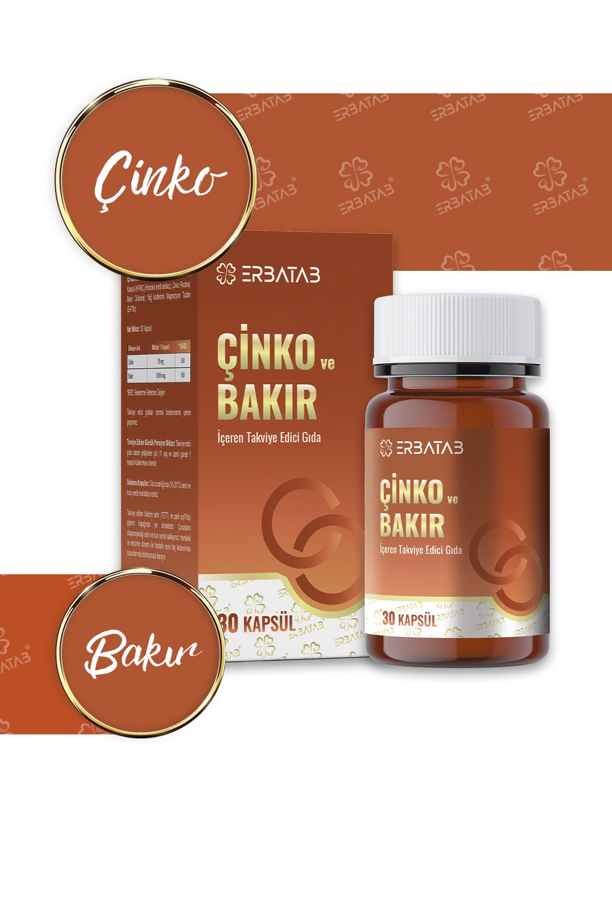 Erbatab Çinko ve Bakır 30 Kapsül 15 Mg Çinko Pikolinat ve 1000 Mcg Bakır İçeren Takviye Edici Gıda