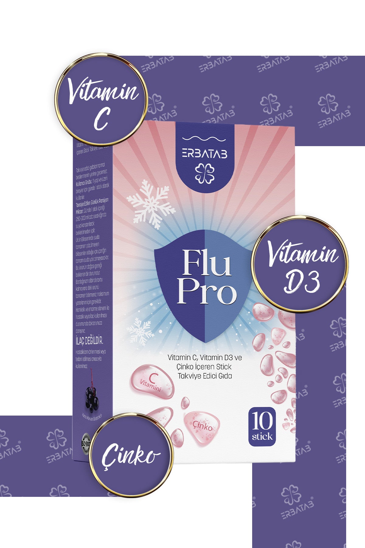Erbatab Flu-Pro Vitamin C Vitamin D3  Çinko ve Kar amürver Ekstresi 10 Stick