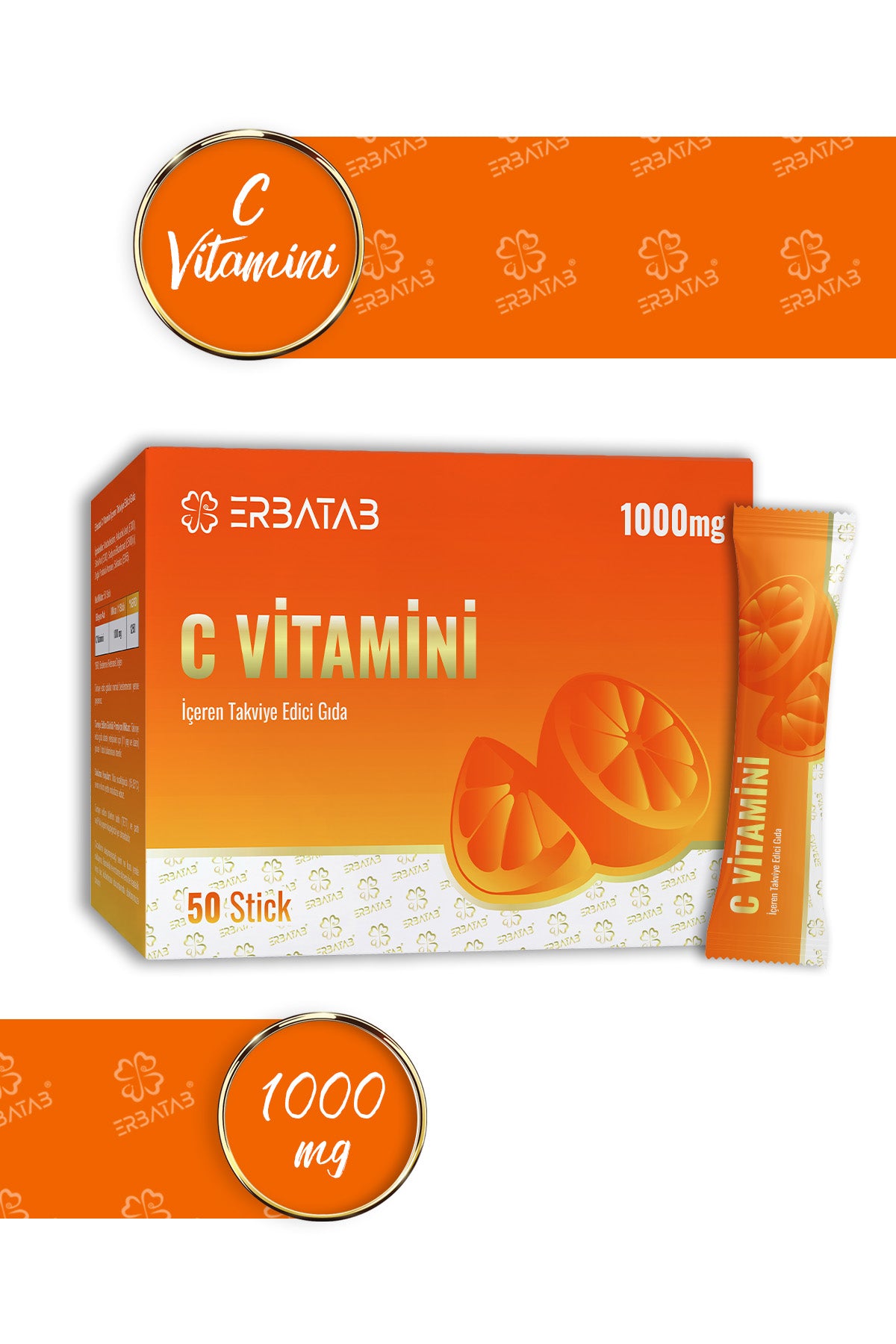 Erbatab C Vitamini 1000 Mg 50 Stick Saşe Askorbik Asit İçeren Takviye Edici Gıda