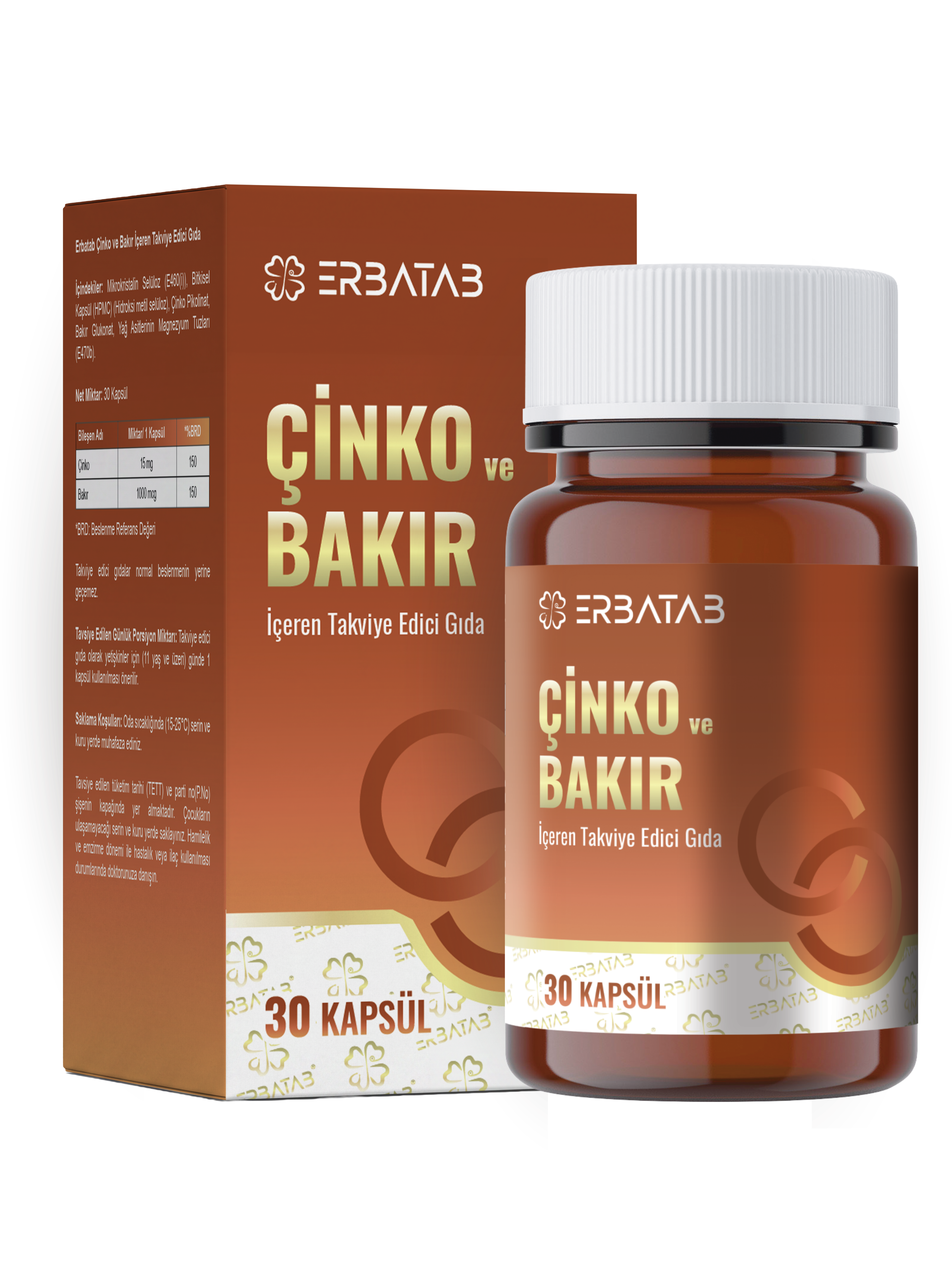 Erbatab Çinko ve Bakır 30 Kapsül 15 Mg Çinko Pikolinat ve 1000 Mcg Bakır İçeren Takviye Edici Gıda