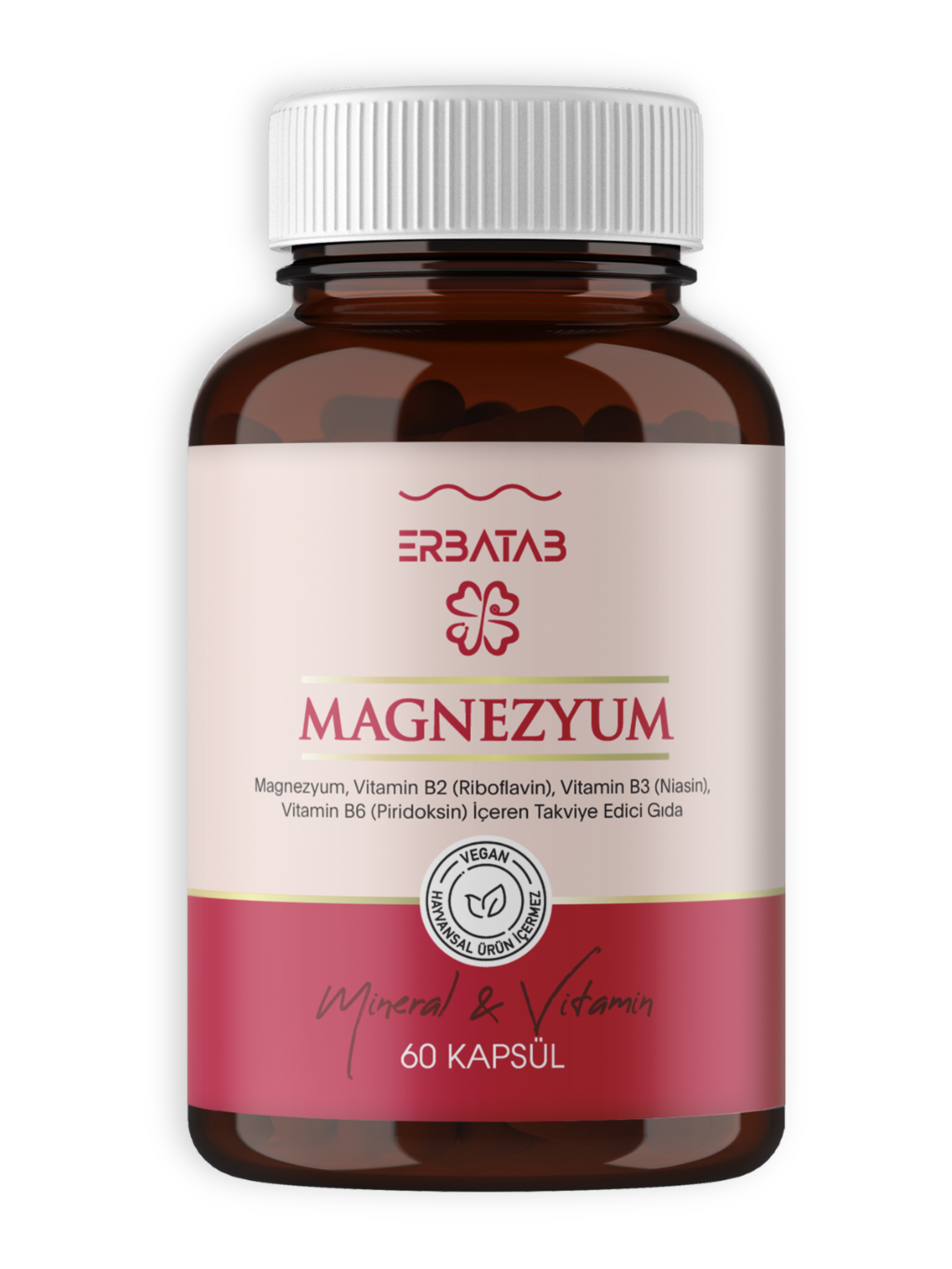 Erbatab Magnezyum 3 lü Form (Bisglisinat, Sitrat,  Malat) & Vitamin B2 , B3 , B6 - 60 Kapsül