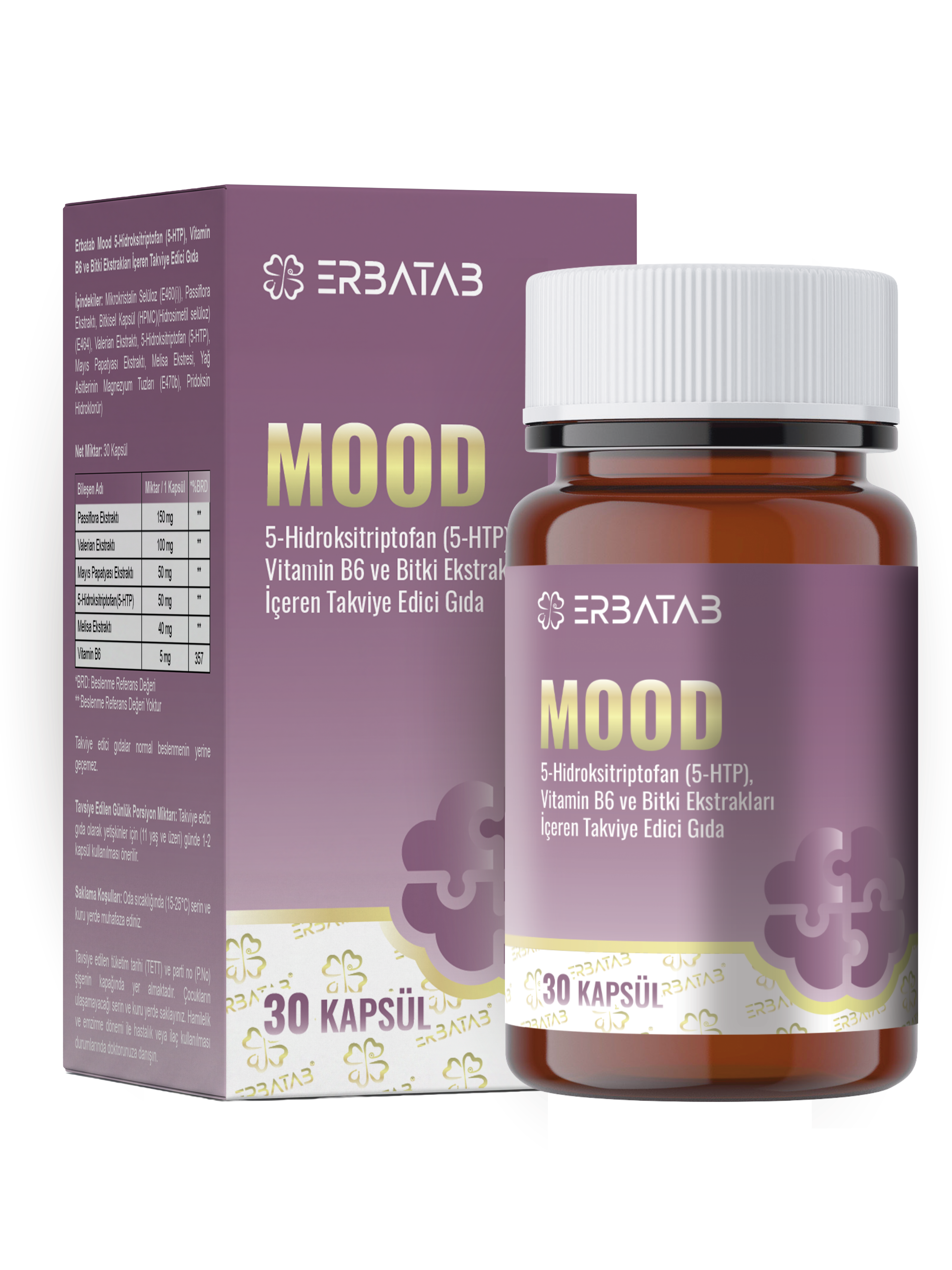 Erbatab Mood 5-HTP 30 Kapsül Passiflora, Valerian ve Melisa Ekstraktları İçeren Takviye Edici Gıda