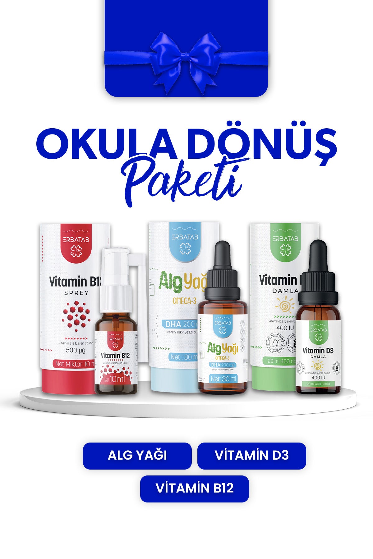 Erbatab Okula Dönüş Paketi ( Vitamin D3 Kids, Vita 12, Alg Yağı Omega-3)