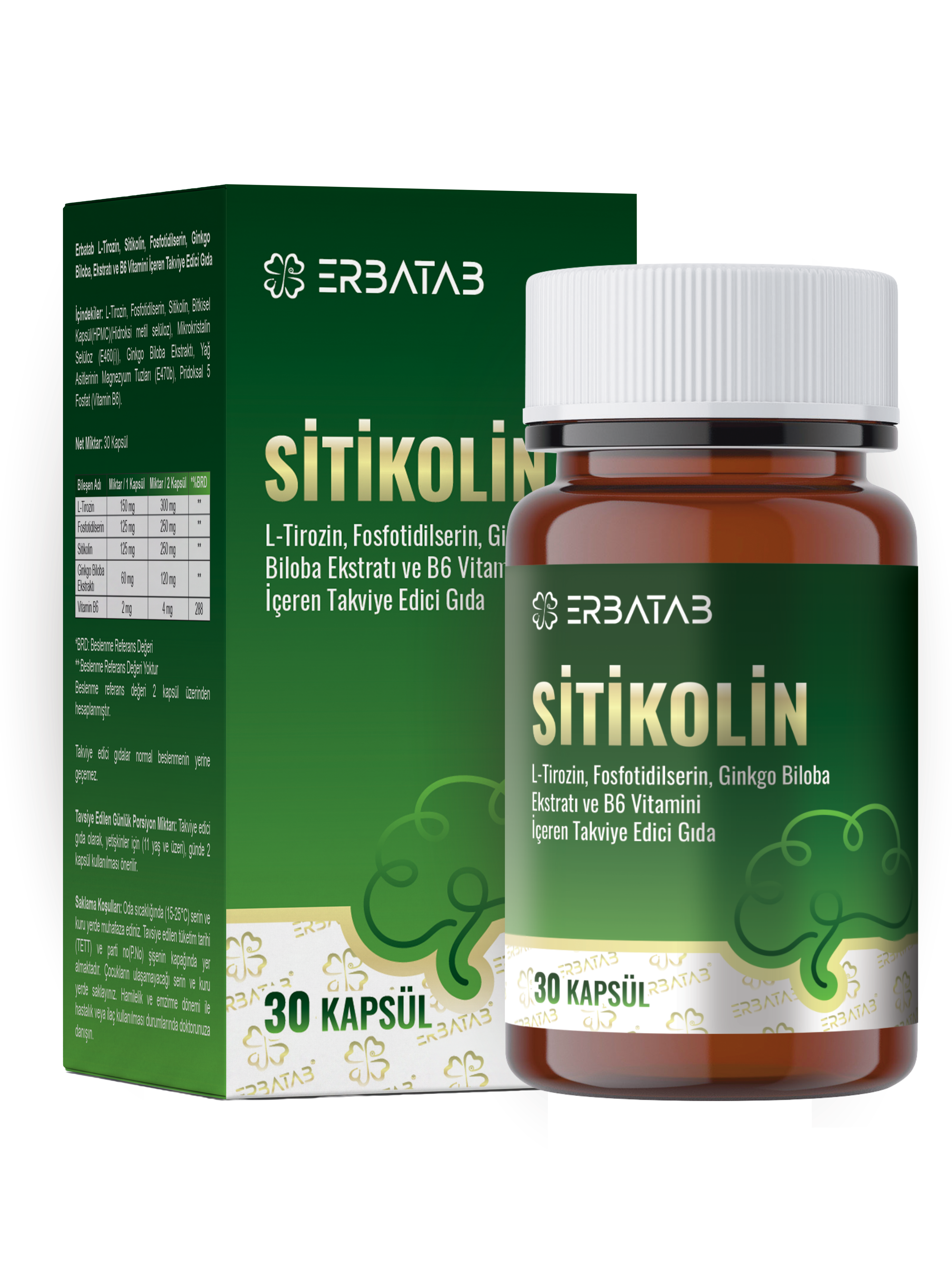 ERBATAB Sitikolin – L-Tirozin, Fosfatidilserin, Ginkgo Biloba Ekstraktı ve B6 Vitamini İçeren Takviye Edici Gıda – 30 Vcaps®