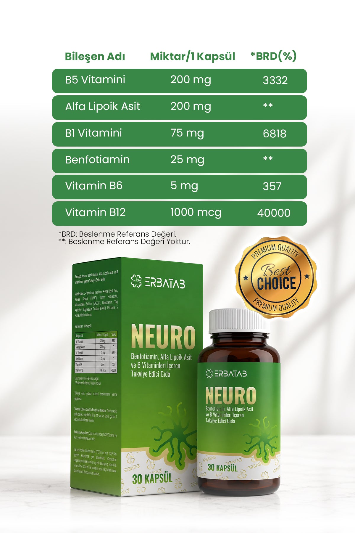 Erbatab Neuro  B Vitaminleri İçeren Takviye Edici Gıda – 30 Kapsül