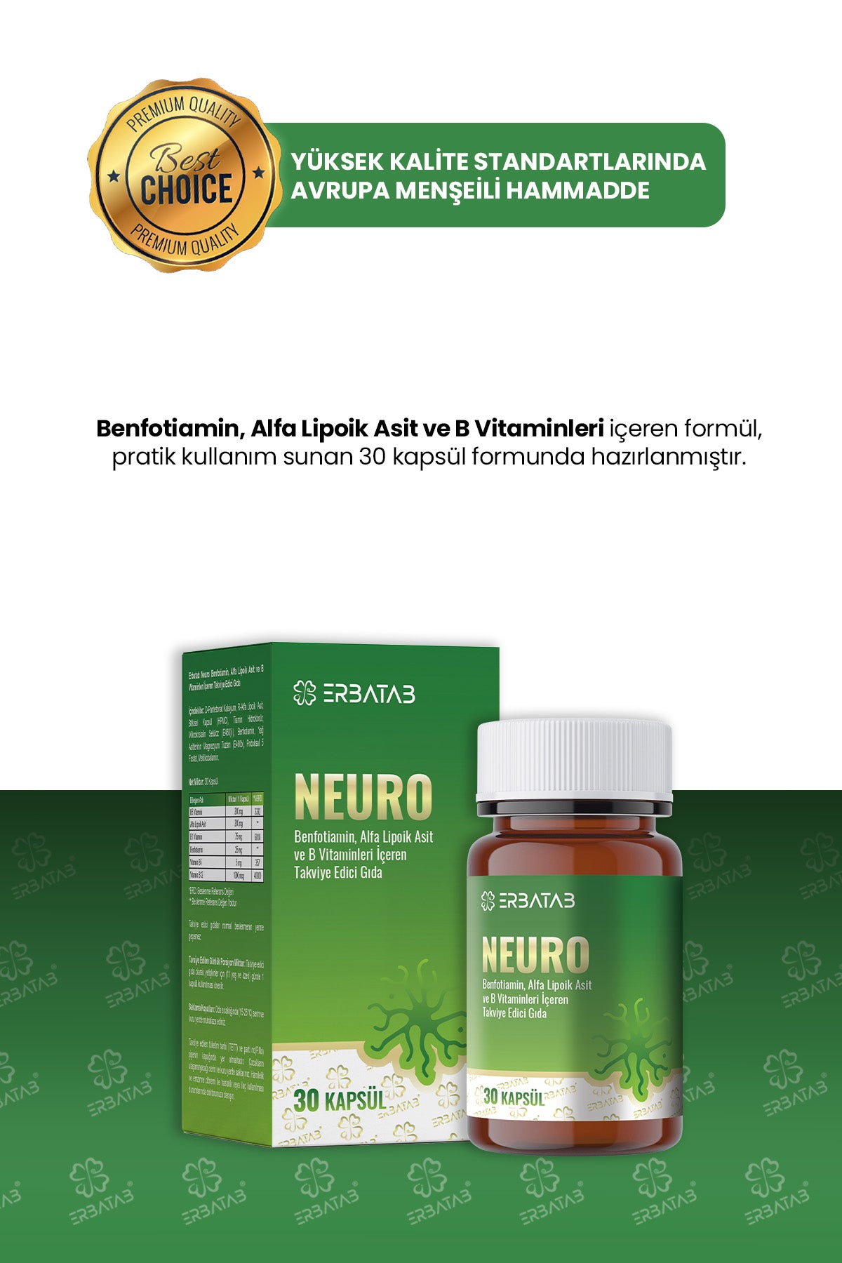 Erbatab Neuro  B Vitaminleri İçeren Takviye Edici Gıda – 30 Kapsül